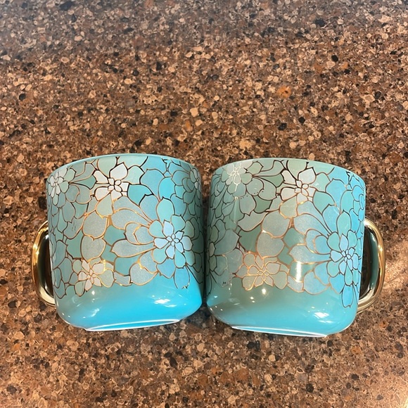 Set of 2 Thyme & And Table Teal & Gold Succulent Stoneware Mugs Coffee Cups - Picture 3 of 8